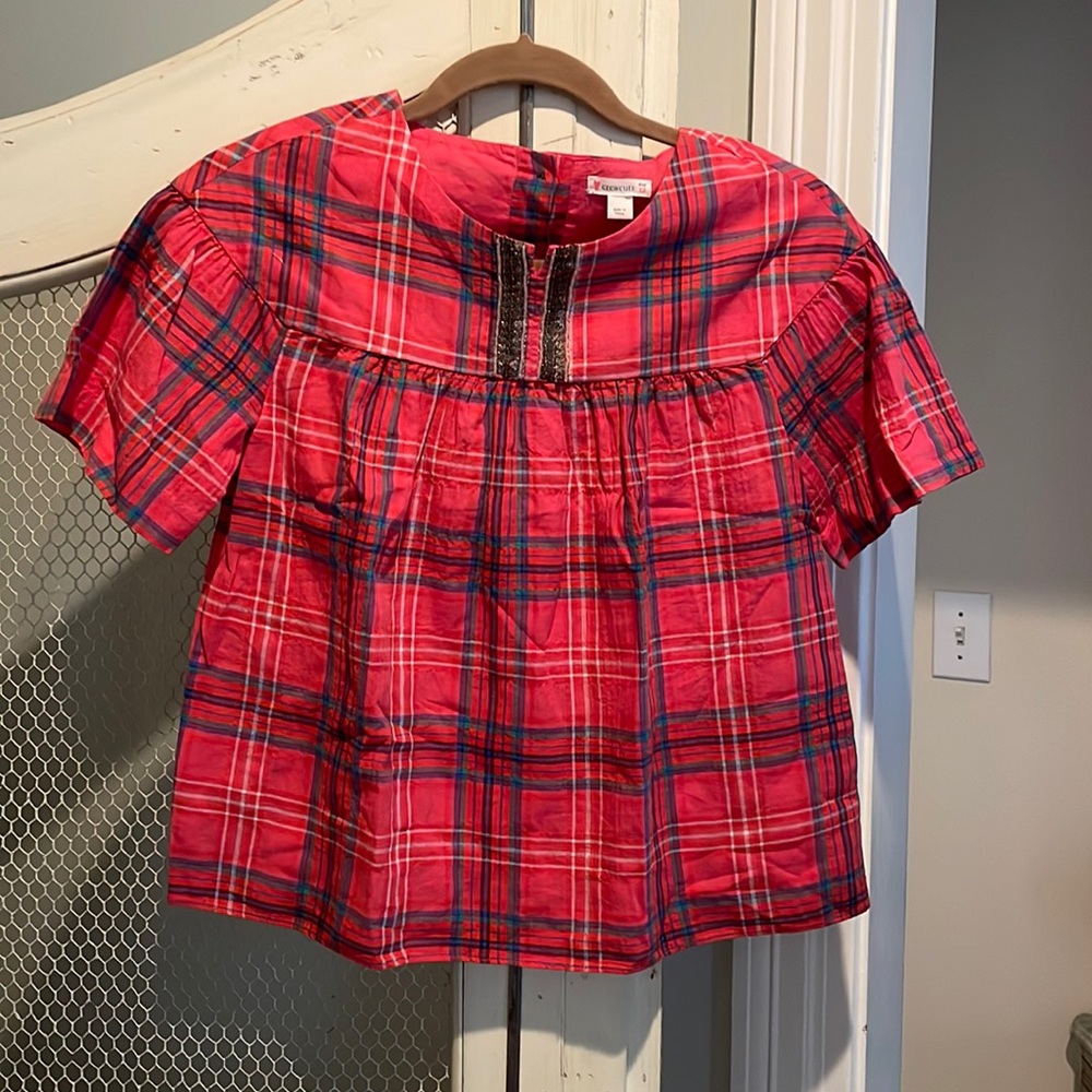 J crew crewcuts girls red plaid beaded shirt